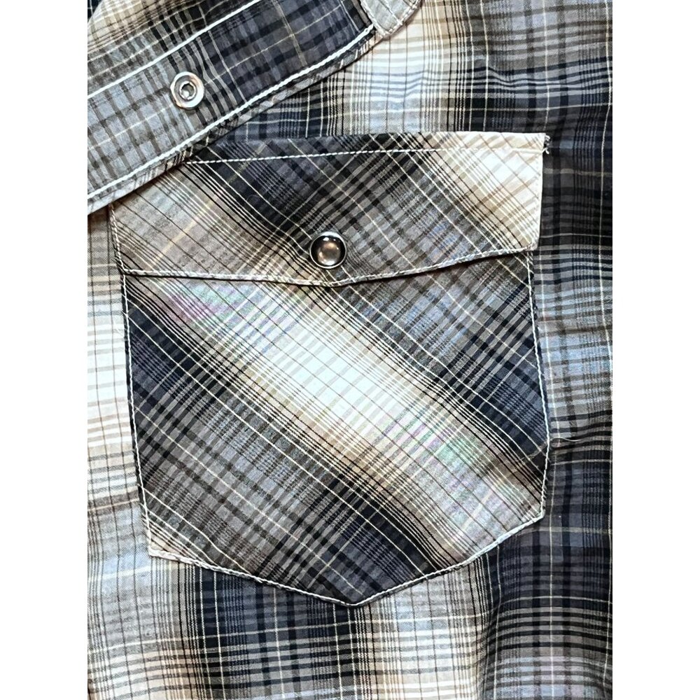 Banana Republic Slim Fit Snap-Front Flannel Shirt โ Grey & Brown Plaid โ Size XL - Picture 3 of 5